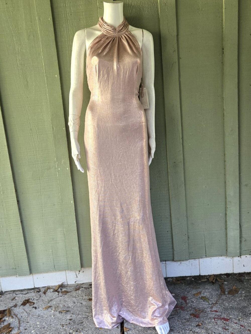 NWT AIDAN MATTOX Rose Gold Metallic Halter Gown Evening Dress 10